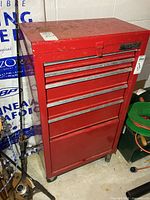 Front view of red Waterloo rolling tool chest showing drawers and casters