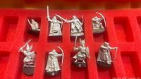 Overview of nine unpainted metal miniatures in red foam tray