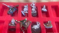 Overall view of eight metal miniatures in red foam tray