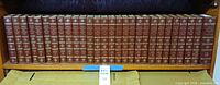 Spine view of all 30 matching encyclopedia volumes on shelf