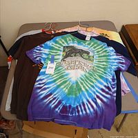 Front view of multiple shirts with blue-green tie-dye shirt on top