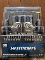 Front view of sealed Mastercraft 69-piece screwdriver and bit set packaging