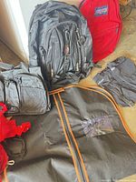 Group view of both backpacks, garment bag, pouch and red cover
