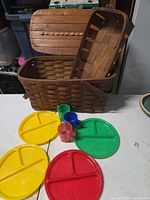 Basket closed with lid up, plates and cups arranged in front