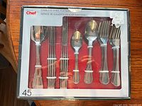 Front of boxed Master Chef stainless steel flatware set