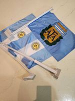 Three folded Argentina car window flags on poles with clip mounts visible