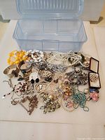 Overview of entire lot with plastic storage box and piled jewelry