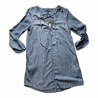 Front view of chambray lace-up shift dress