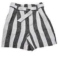 Front view of striped high-waist shorts with belt attached