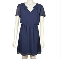 Front view of navy chiffon RW&CO dress on mannequin