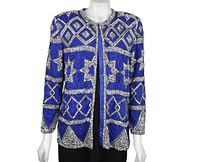 Front view of cobalt blue beaded silk jacket on mannequin