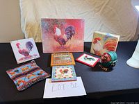 Group shot of all seven rooster kitchen decor items