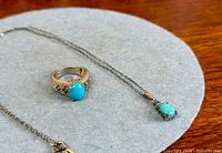 Ring and pendant necklace laid out showing stones and chain