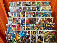 Front view of full run of bagged Turok comics displayed on rack