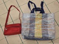 Overview of both bags: red crossbody and woven tote