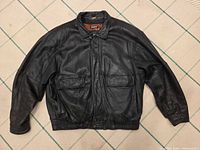 Front view of black leather Danier jacket showing pockets and closure