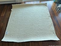 Full view of ivory wool rug on hardwood floor