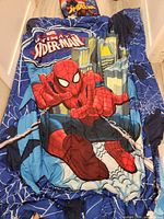 Comforter laid out showing Spider-Man graphic and web border