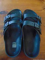 Top view showing pair of black two-strap sandals with buckles