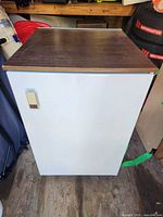 Front view of Woods compact fridge showing white cabinet and woodgrain top