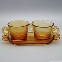 Front view of amber glass cups on matching tray