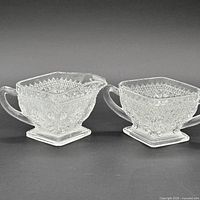Pair of pressed glass creamer and sugar bowl front view