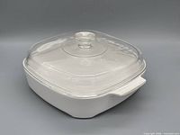 Angled view showing dish shape, lid fit