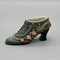 Left side profile of teal resin Victorian shoe figurine with rose and leaf details