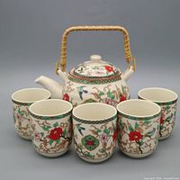 Full view of teapot and six cups