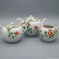 Front view of teapot, sugar bowl and creamer showing overall design