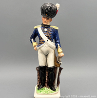 Front view of porcelain Napoleonic soldier figurine decanter