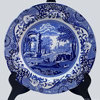 Full view of Spode Italian blue & white dinner plate on stand