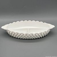 Top view of Fenton white milk glass divided relish dish