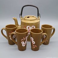 Front view of teapot with lid and four mugs