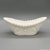 Side profile of milk glass bowl showing pressed pattern and ruffled rim