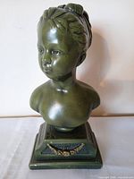 front view of green resin bust with pedestal base