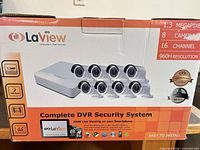 Retail box showing LaView branding, 16-channel DVR, eight cameras, 1.3 MP 960H specs
