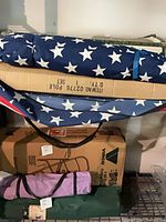 Star-patterned carry bag with boxed pole set and hardware visible