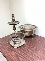 Group shot showing chafing dish with lid, brazier bowl, and stand/trivet