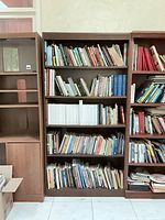 Front view of brown bookcase filled with books (books excluded) showing five shelves