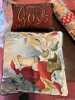Joy pillow front, Santa pillow front, glimpse of draft stopper