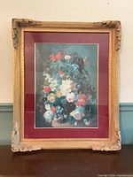 Full view of framed floral print with mat and frame