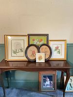 All seven framed floral artworks displayed on table