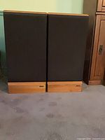 Front view of both speakers showing black grilles and wood bases