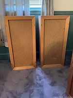 Front view of both speakers with grille cloth visible