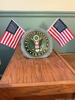Front view of United States Army resin plaque with two flags