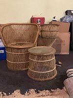 Chair and two drum tables grouped together