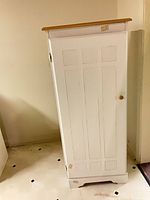 Full view of white cabinet angled, showing light wood top and paneled door