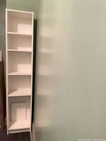 front view of tall narrow white bookcase with shelves