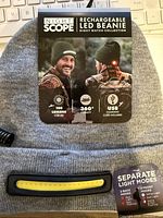 Retail-packaged grey Night Scope rechargeable LED beanie showing branding, lumens rating, 360° visibility icon, USB charge note, and attached LED strip